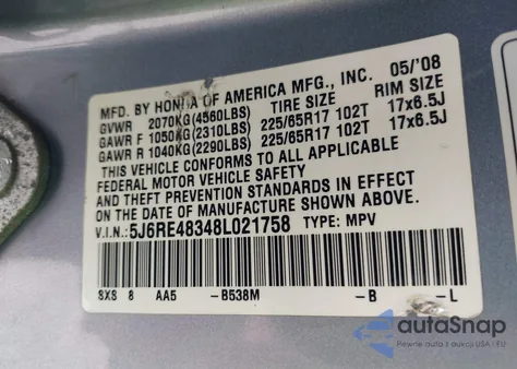 2008 Honda Cr-V Lx из США, поврежденный, VIN 5J6RE48348L021758